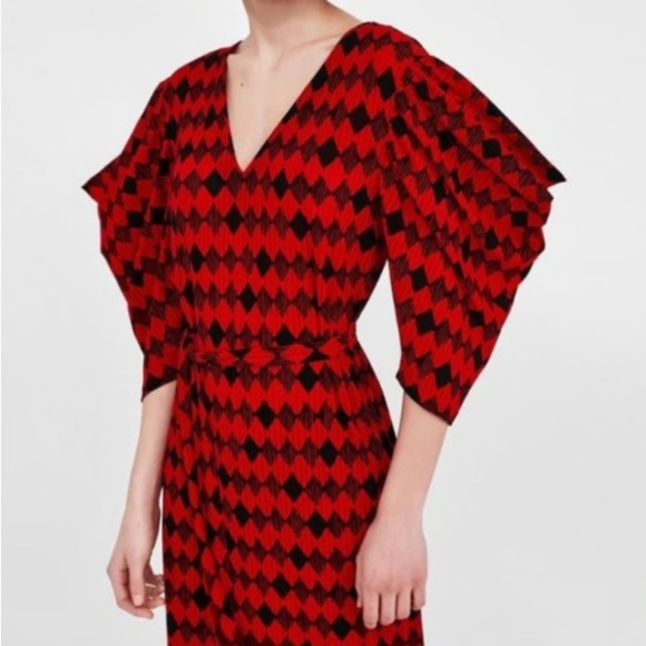 NWT Zara Red Black Belted Tie Geometric Argyle Pattern Chic Maxi‎ Dress Small S - Picture 2 of 7